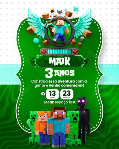 Convite de Aniversário Infantil Minecraft Modelo Canva Editável