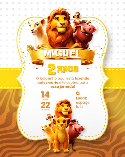 Convite de Aniversário Infantil Rei Leão Modelo Canva Editável