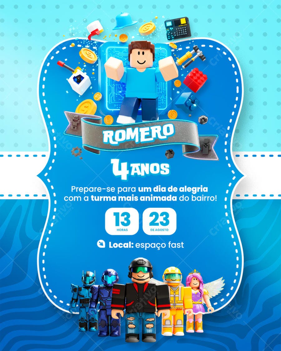 Convite Festa Infantil Roblox Romero 4 Anos Editável no Canva