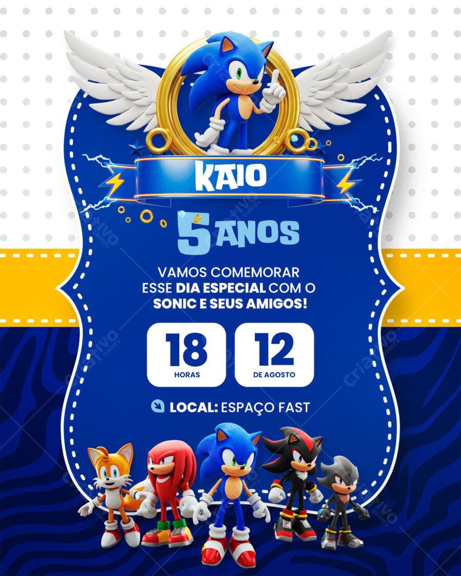 Convite de Aniversário Sonic 5 anos Editável no Canva