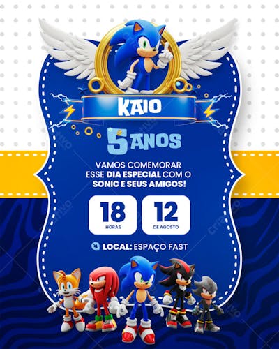 Convite de Aniversário Infantil Sonic Modelo Canva Editável