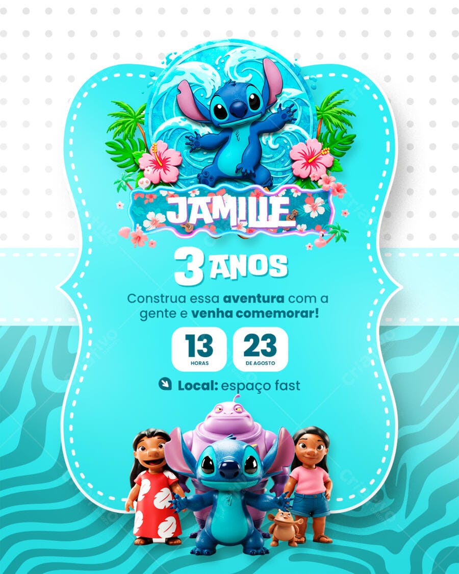 Convite de Aniversário Infantil Stitch Azul Turquesa Editável no Canva