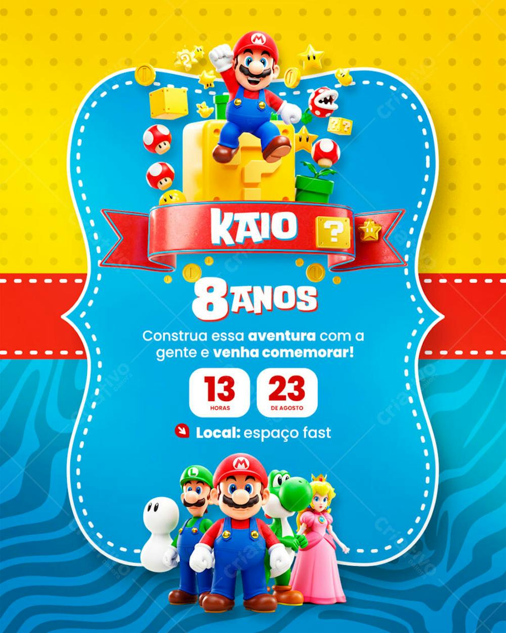 Convite de Aniversário Infantil Super Mario Modelo Canva Editável