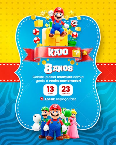Convite de Aniversário Infantil Super Mario Modelo Canva Editável