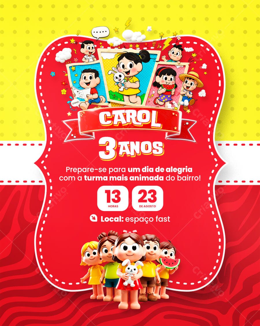 Convite de Aniversário Infantil Turma da Mônica 3 Anos Editável no Canva