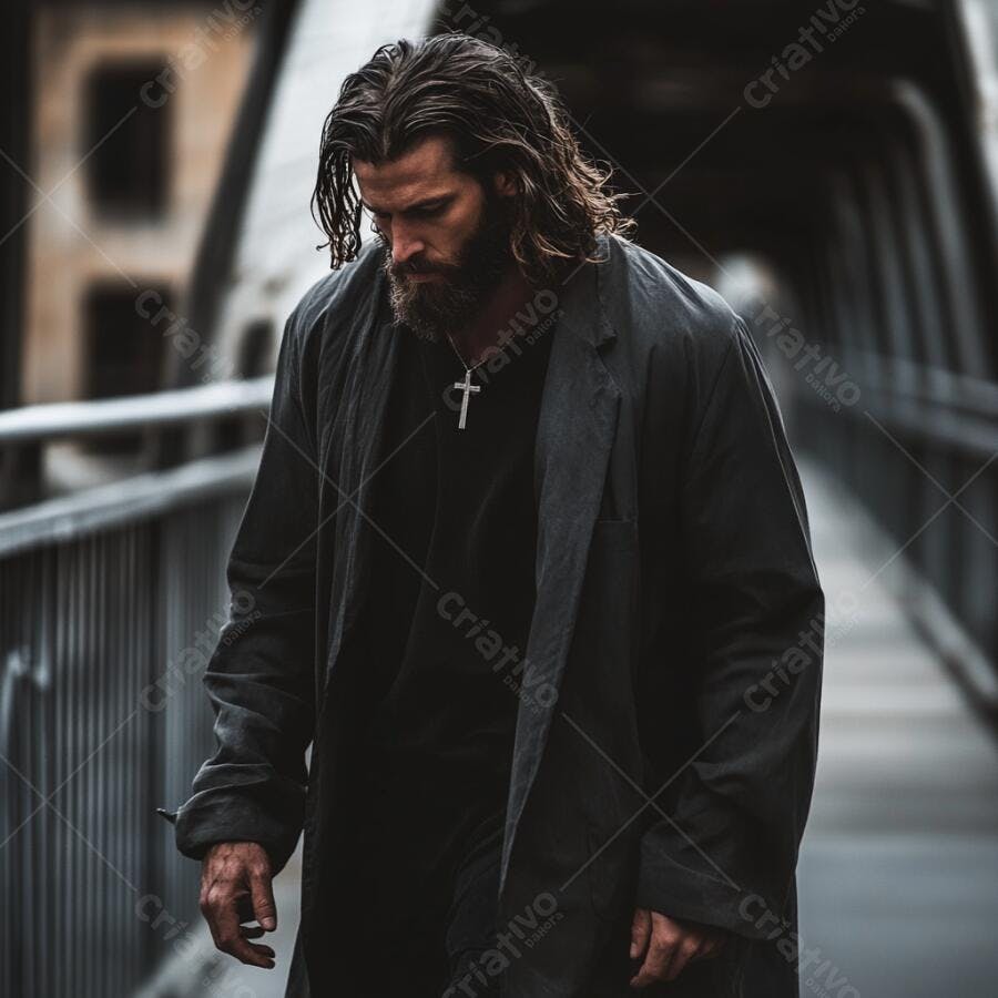 Homem barbudo com casaco preto em ponte