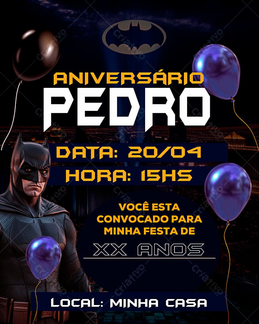Convite de Aniversário Batman - Tema Gotham City Editável no Canva