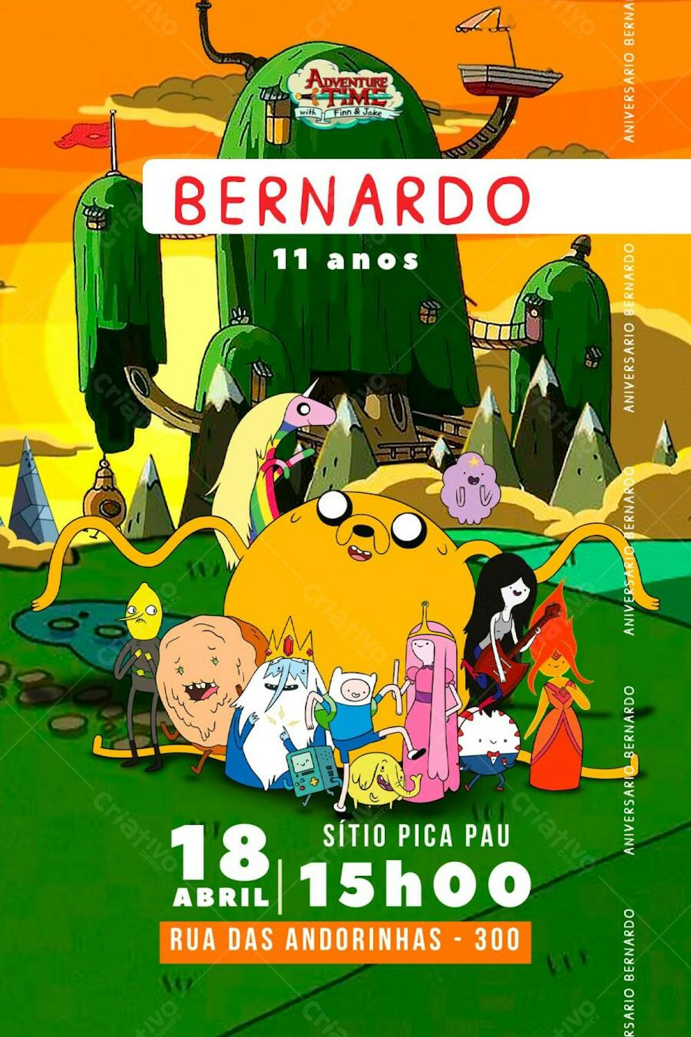 Convite de Aniversário Infantil do Desenho Hora de Aventura Editável no Canva