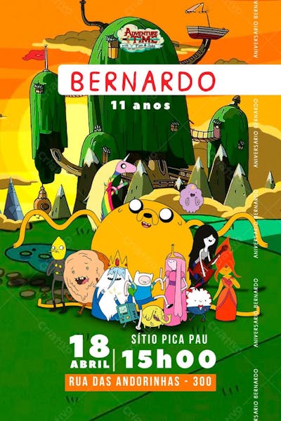 Convite de Aniversário Infantil do Desenho Hora de Aventura Editável no Canva