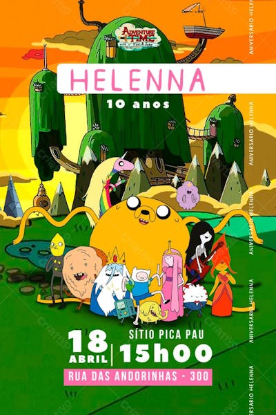 Convite de Aniversário Infantil do Desenho Hora de Aventura Editável no Canva