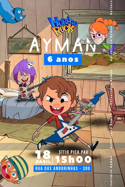 Convite de Aniversário Infantil do Desenho Hora do Rock Editável no Canva