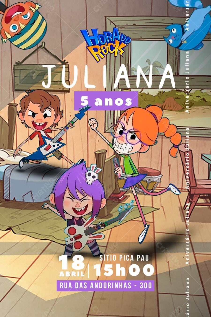 Convite de Aniversário Infantil Hora do Rock Editável no Canva