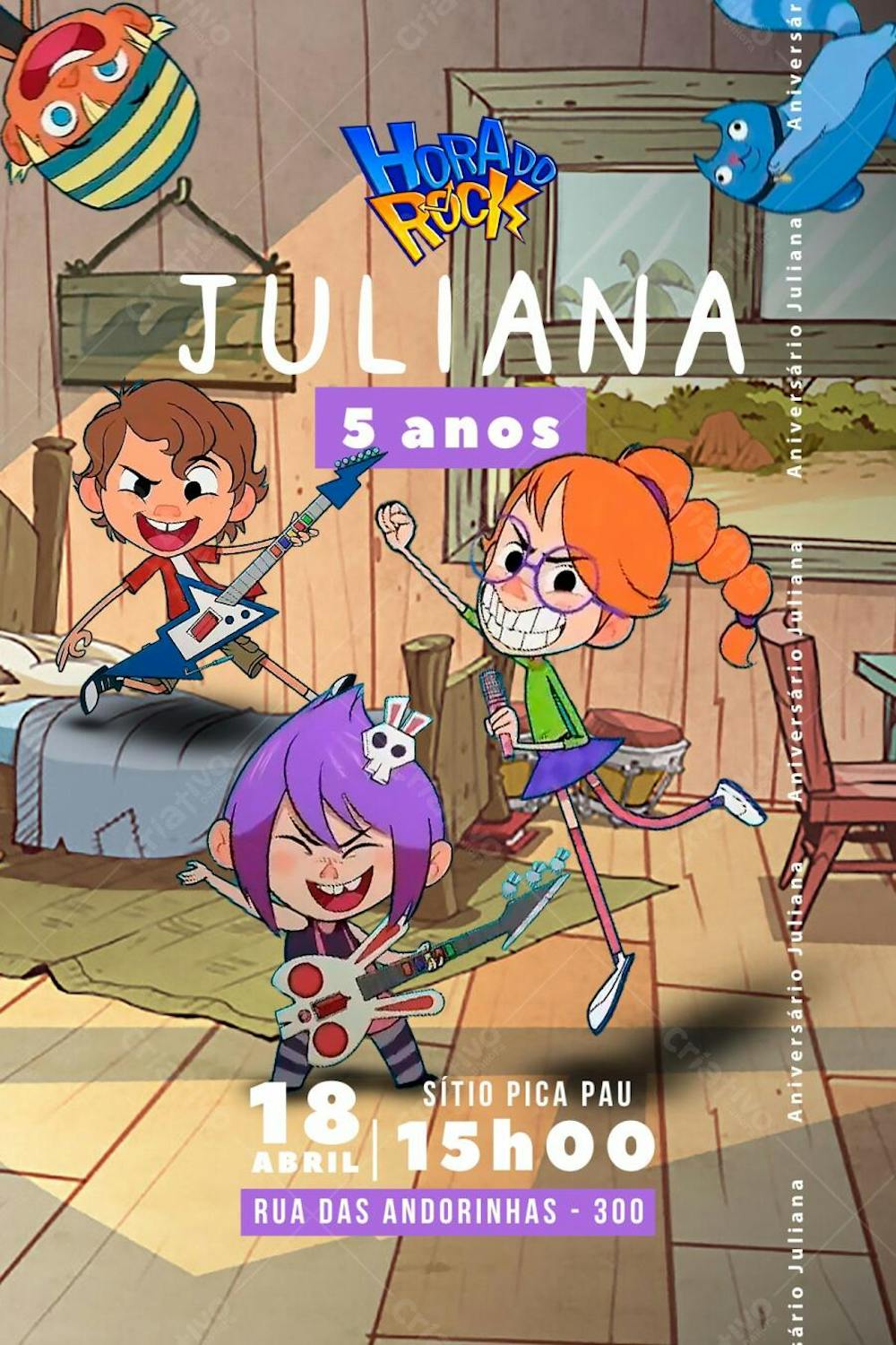 Convite de Aniversário Infantil do Desenho Hora do Rock Editável no Canva