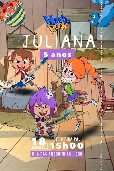 Convite de Aniversário Infantil do Desenho Hora do Rock Editável no Canva