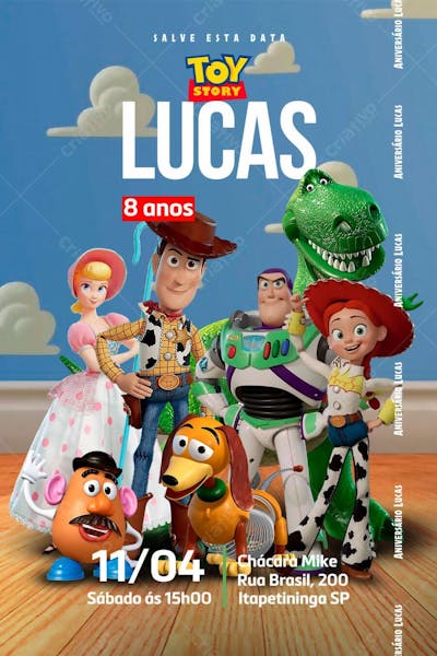 Convite de Aniversário Infantil dos Personagens do Desenho Toy Story Editável no Canva