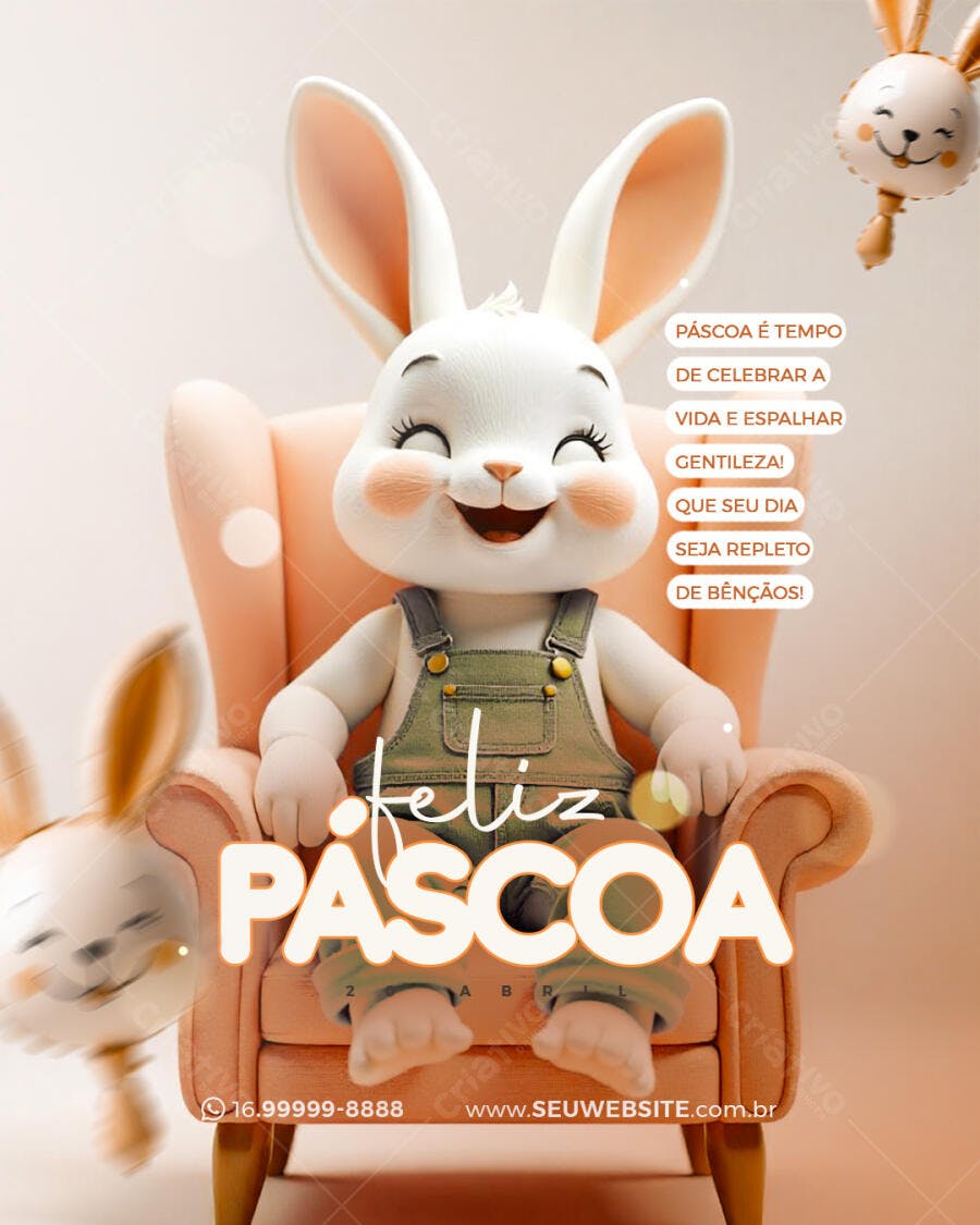 Flyer Páscoa com Coelho 3D PSD Editável