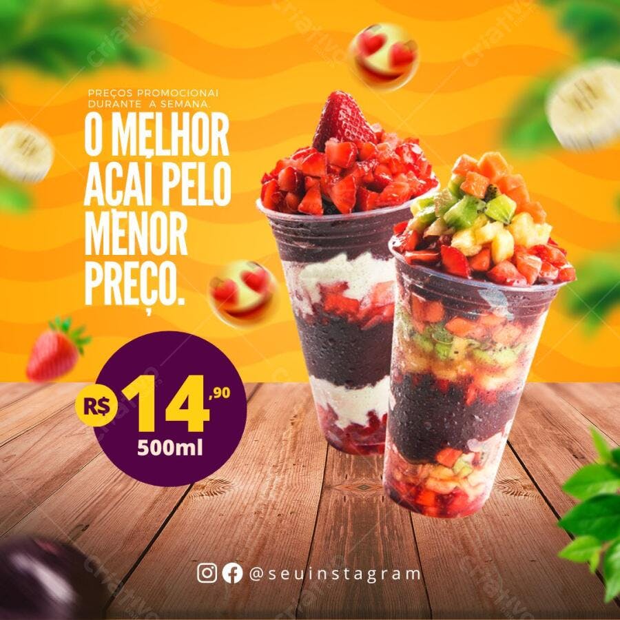 Post Instagram Açaí promoção verão cores vibrantes Editável no Canva