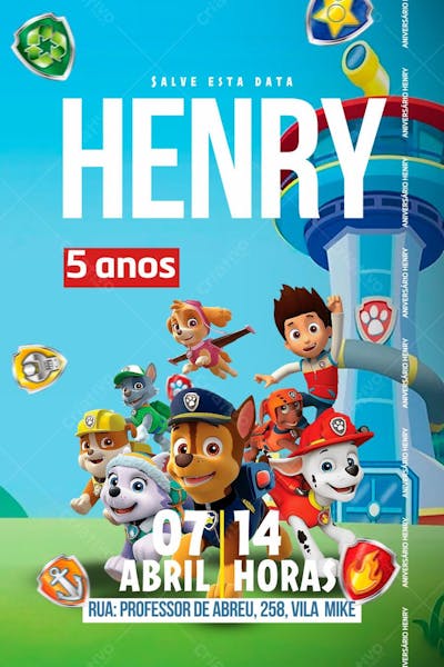 Convite de Aniversário Infantil dos Personagens do Desenho Patrulha Canina Editável no Canva