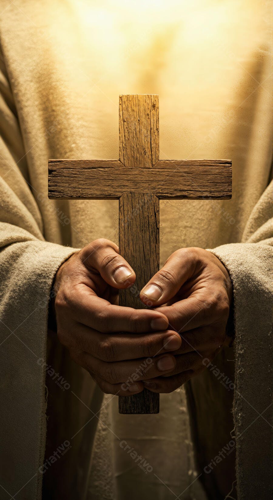 Mãos segurando cruz de madeira rústica