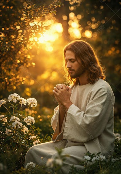 Jesus Cristo Orando em um Jardim Ao Entardecer