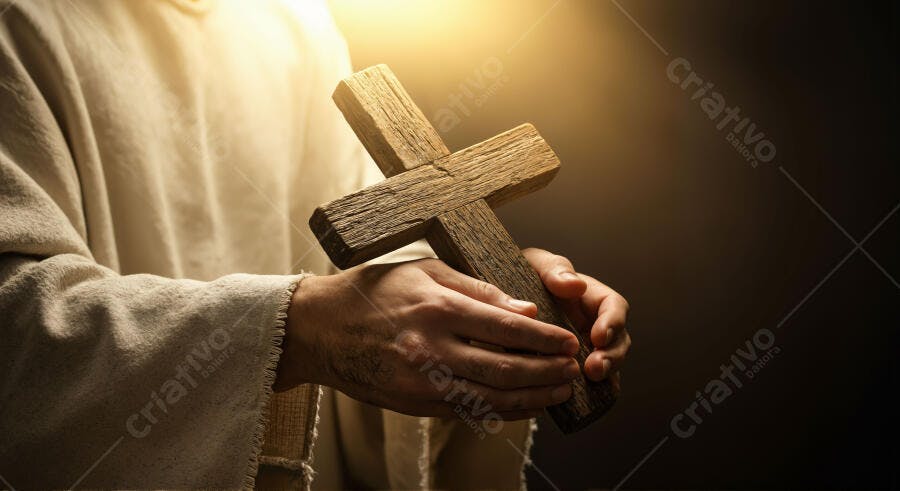 Mãos segurando cruz de madeira antiga