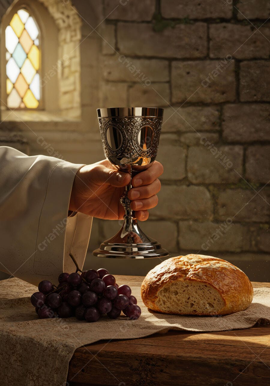 Cândido cálice de prata com pão e uvas