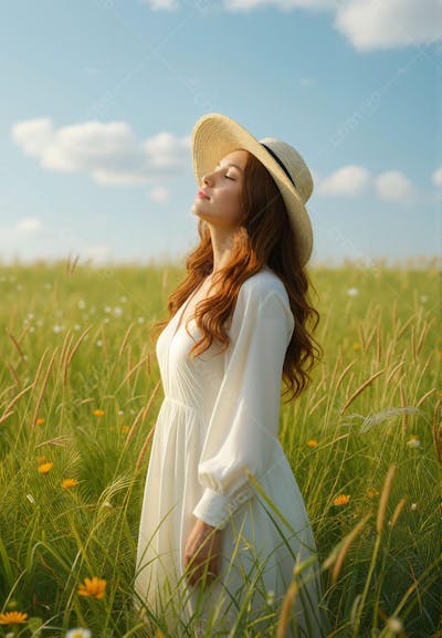 mulher bonita de vestido branco refletindo ao sol em um campo florido