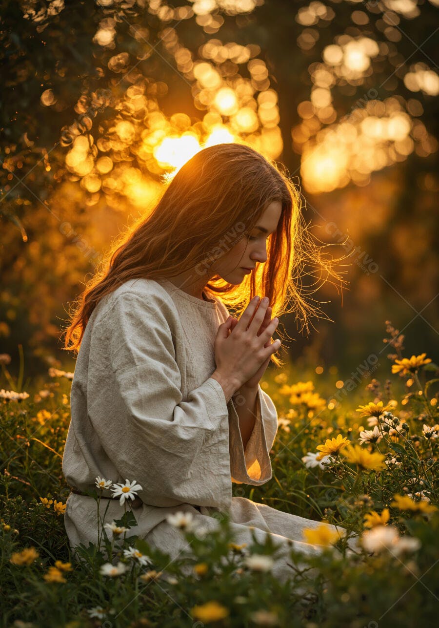 Mulher orando ao pôr do sol