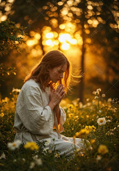 Mulher orando em um campo florido ao entardecer