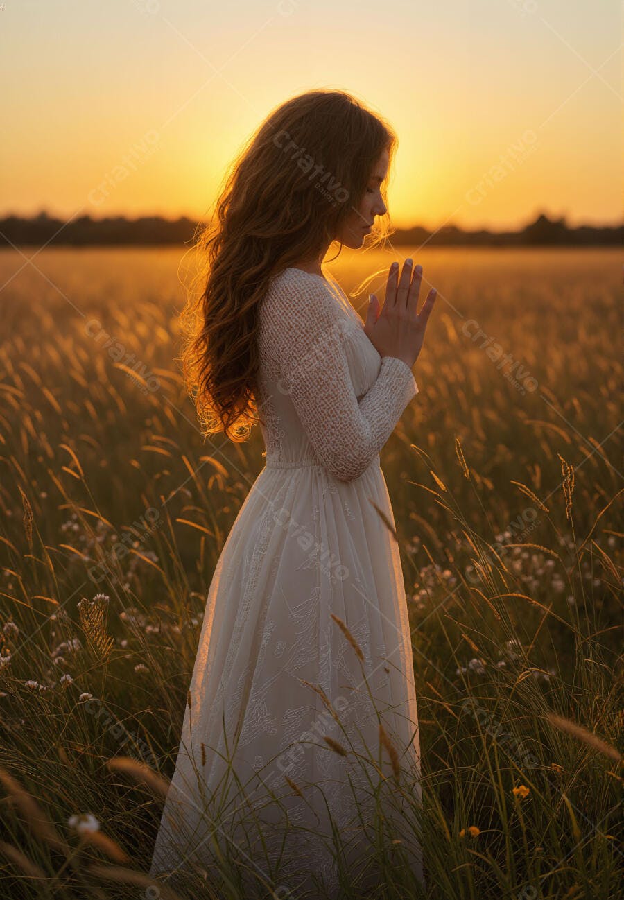 Mulher em vestido branco orando no campo ao pôr do sol