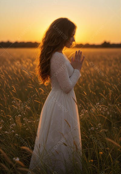 Noiva de Vestido Branco Orando em um Lindo Campo ao Entardecer