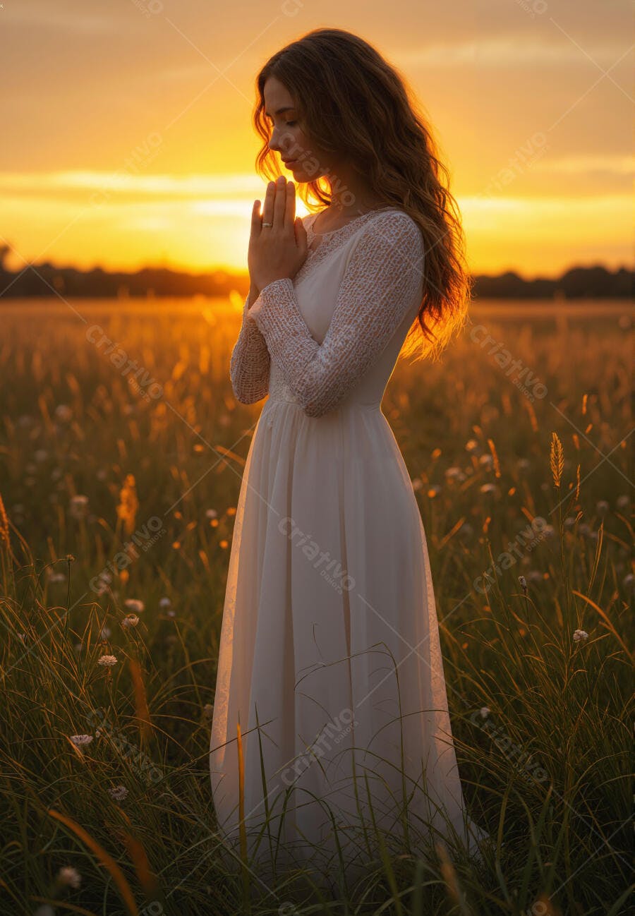 Mulher em vestido branco orando ao pôr do sol