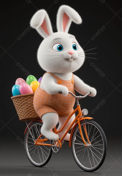 Coelhinho da Páscoa gordinho andando de bicicleta