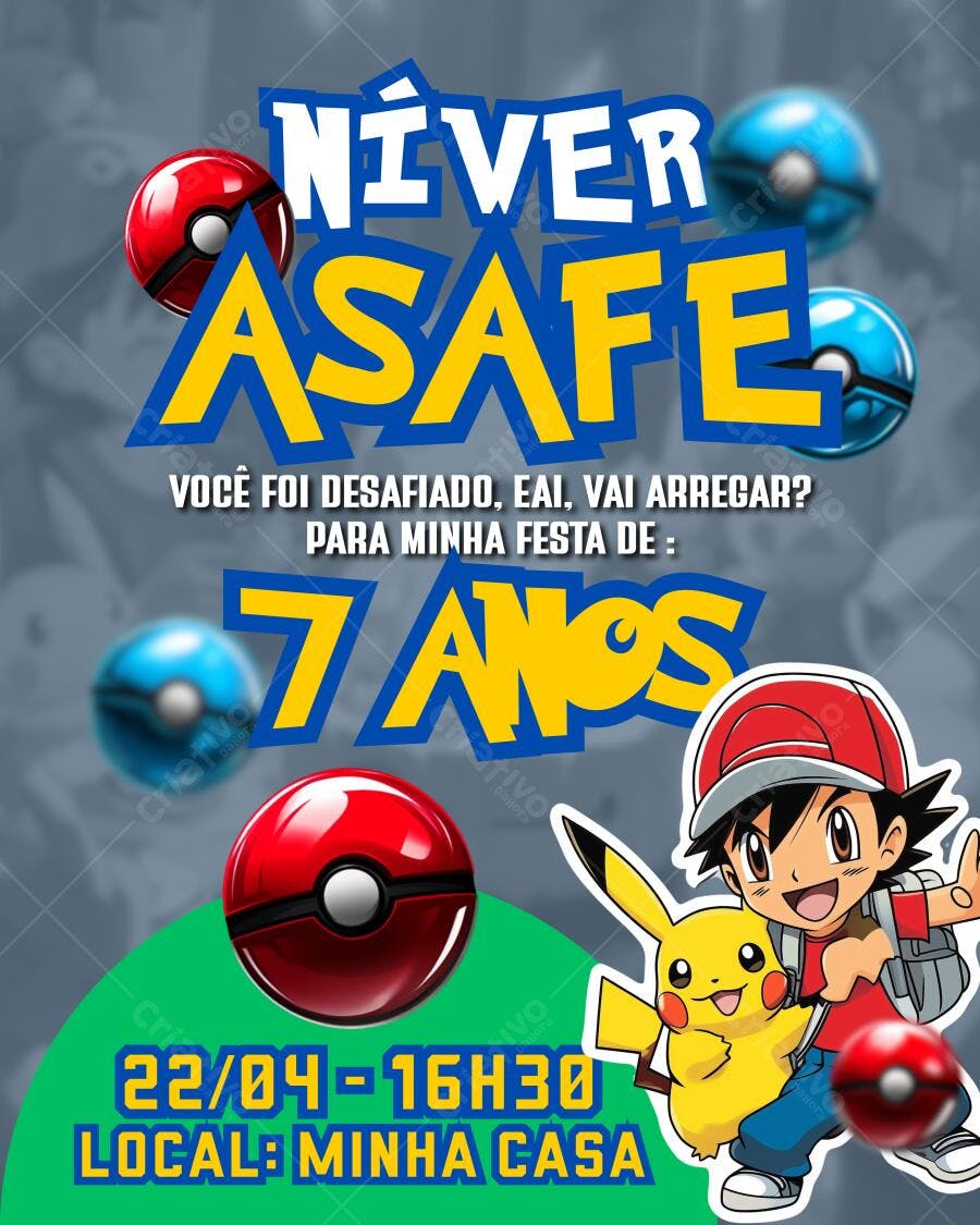 Convite Festa Infantil Pokémon 7 anos Editável no Canva
