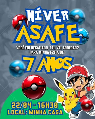 CONVITE DE ANIVERSÁRIO INFANTIL KIDS TEMA POKÉMON PARA CRIANÇA