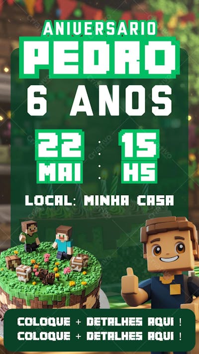 Convite de Aniversário Infantil Minecraft Modelo Canva Editável