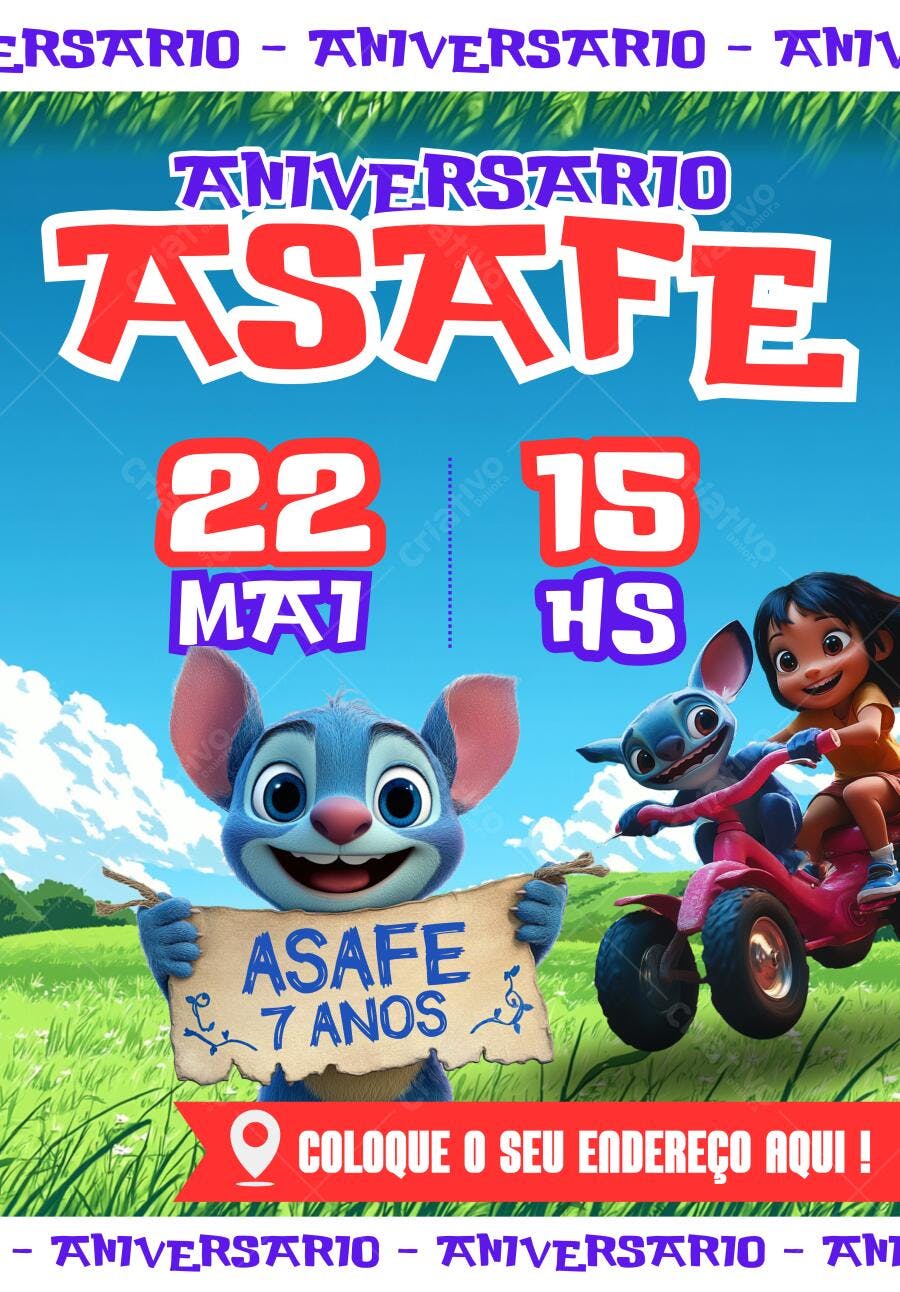 Convite Aniversário Infantil Asa e Stitch Festa Azul e Vermelho Editável no Canva
