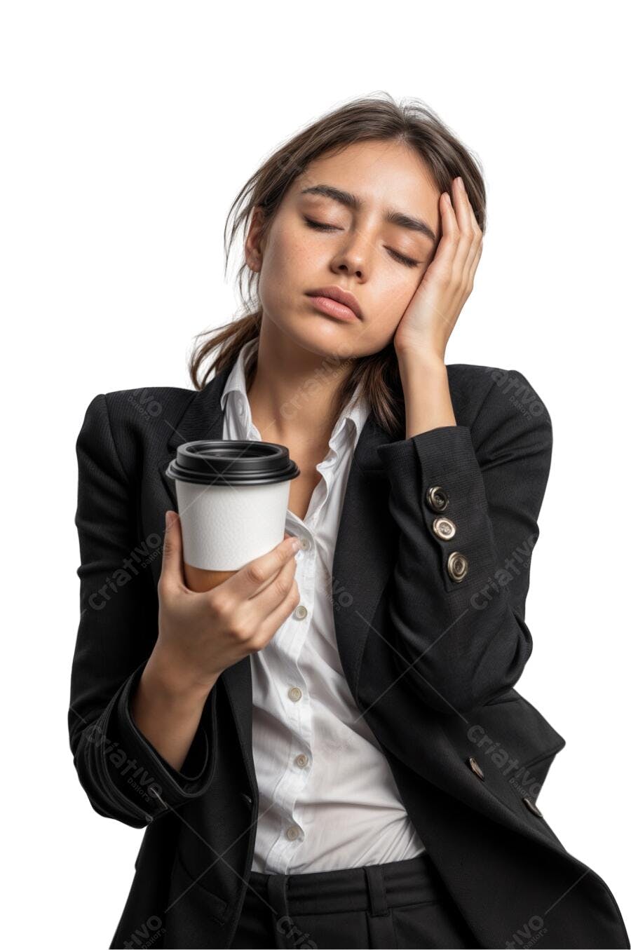 Mulher cansada com café em fundo branco