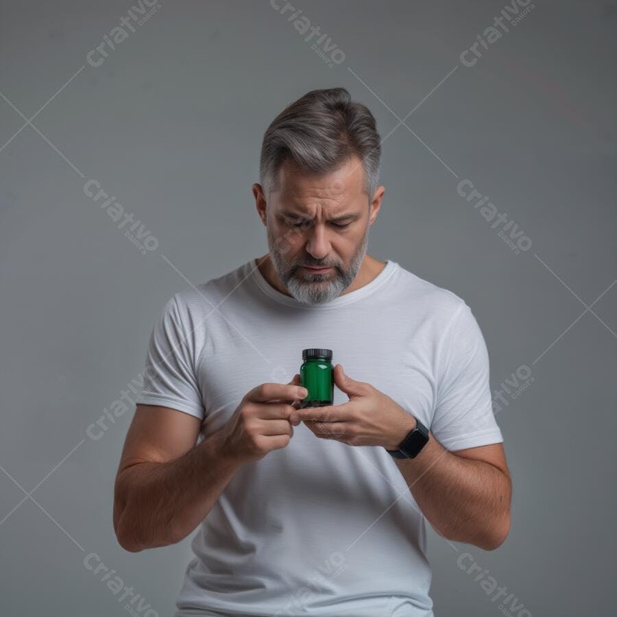 Homem examinando frasco de suplemento verde
