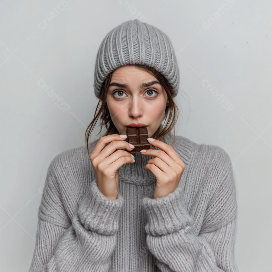 Mulher comendo chocolate em suéter cinza