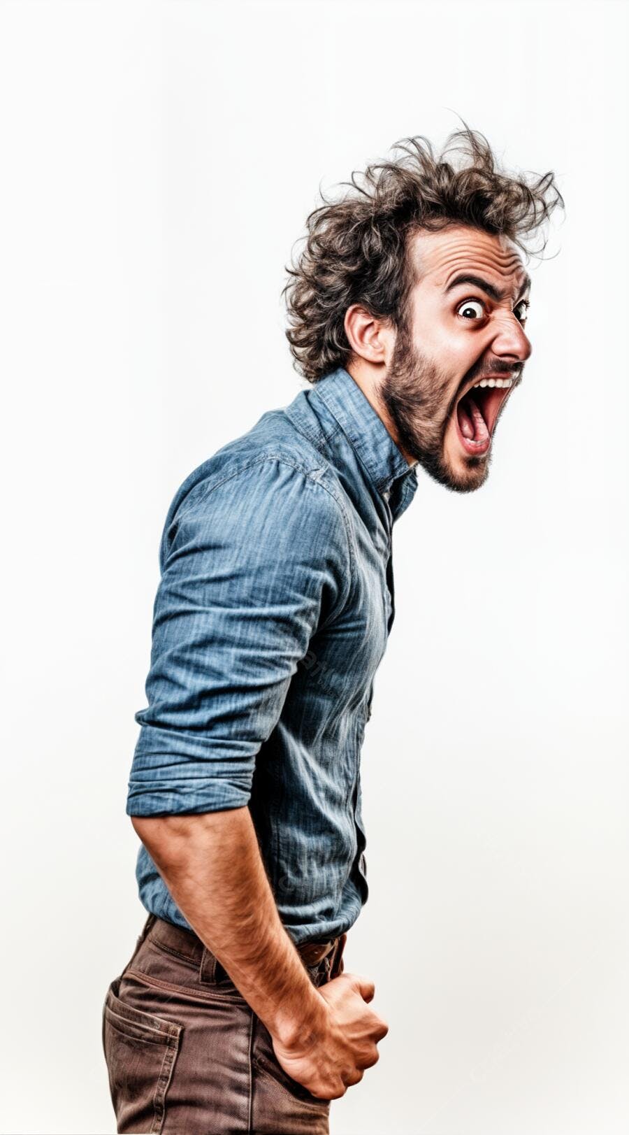 Homem gritando fundo branco camisa jeans