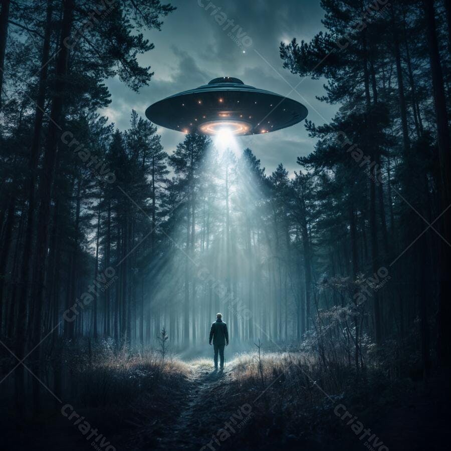 OVNI sobre floresta escura homem misterioso