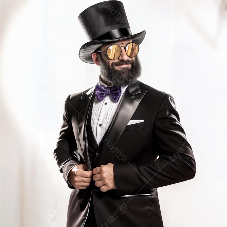 Homem barbudo em smoking com chapéu e óculos
