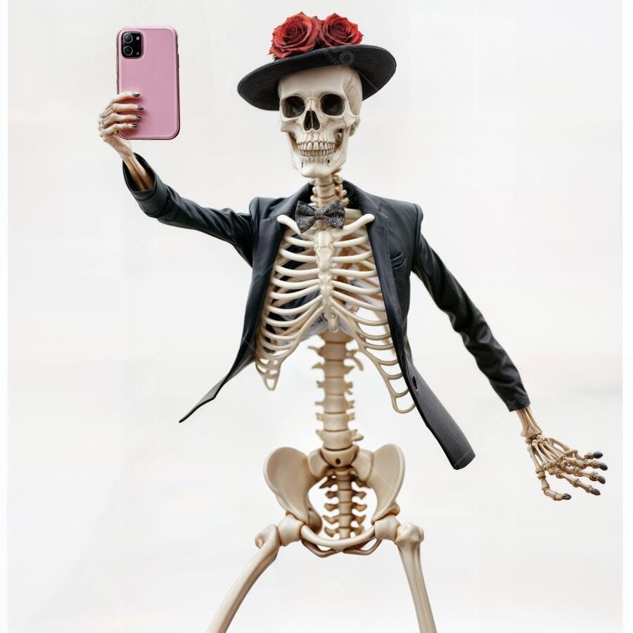 Esqueleto estiloso tirando selfie com celular rosa