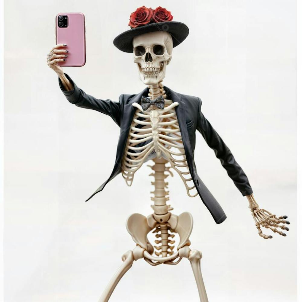 Caveira segurando um iphone e terno