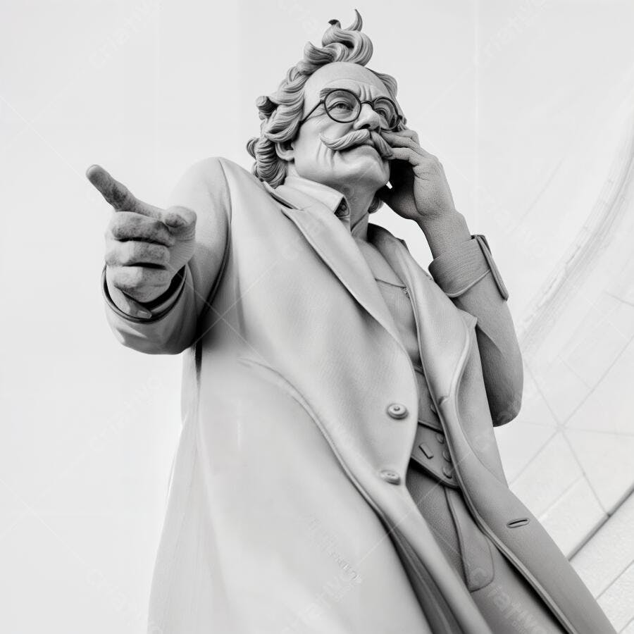 Estátua homem óculos apontando