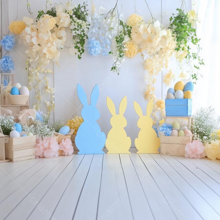 Cenário Páscoa com coelhos azuis e amarelos
