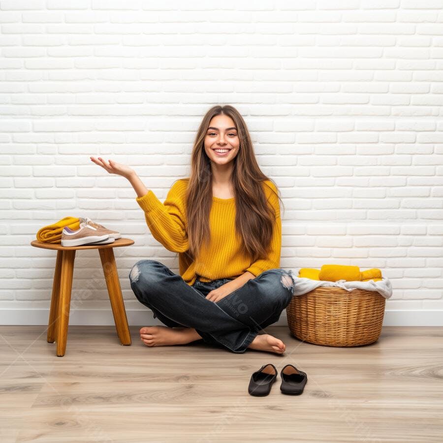 Mulher jovem feliz mostrando espaço em casa