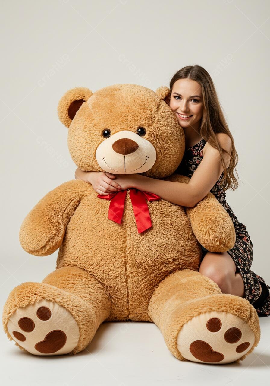 Adolescente abraçando urso de pelúcia gigante