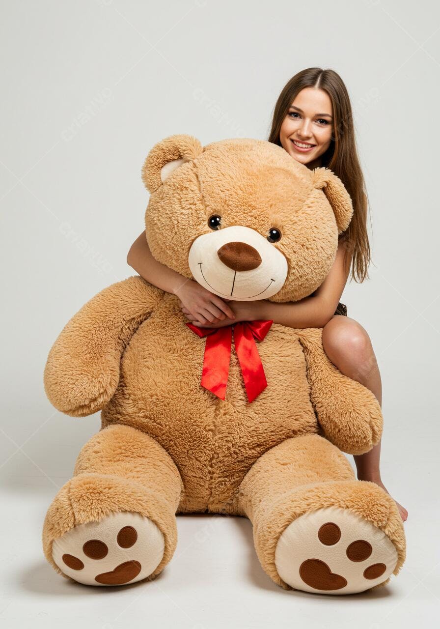 Mulher abraçando urso de pelúcia gigante
